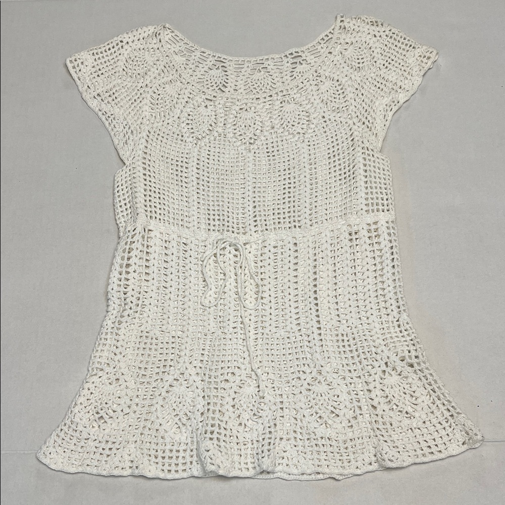 VINTAGE WHITE KNIT BEADED CROCHET CAP SLEEVE TOP WOMENS XS
